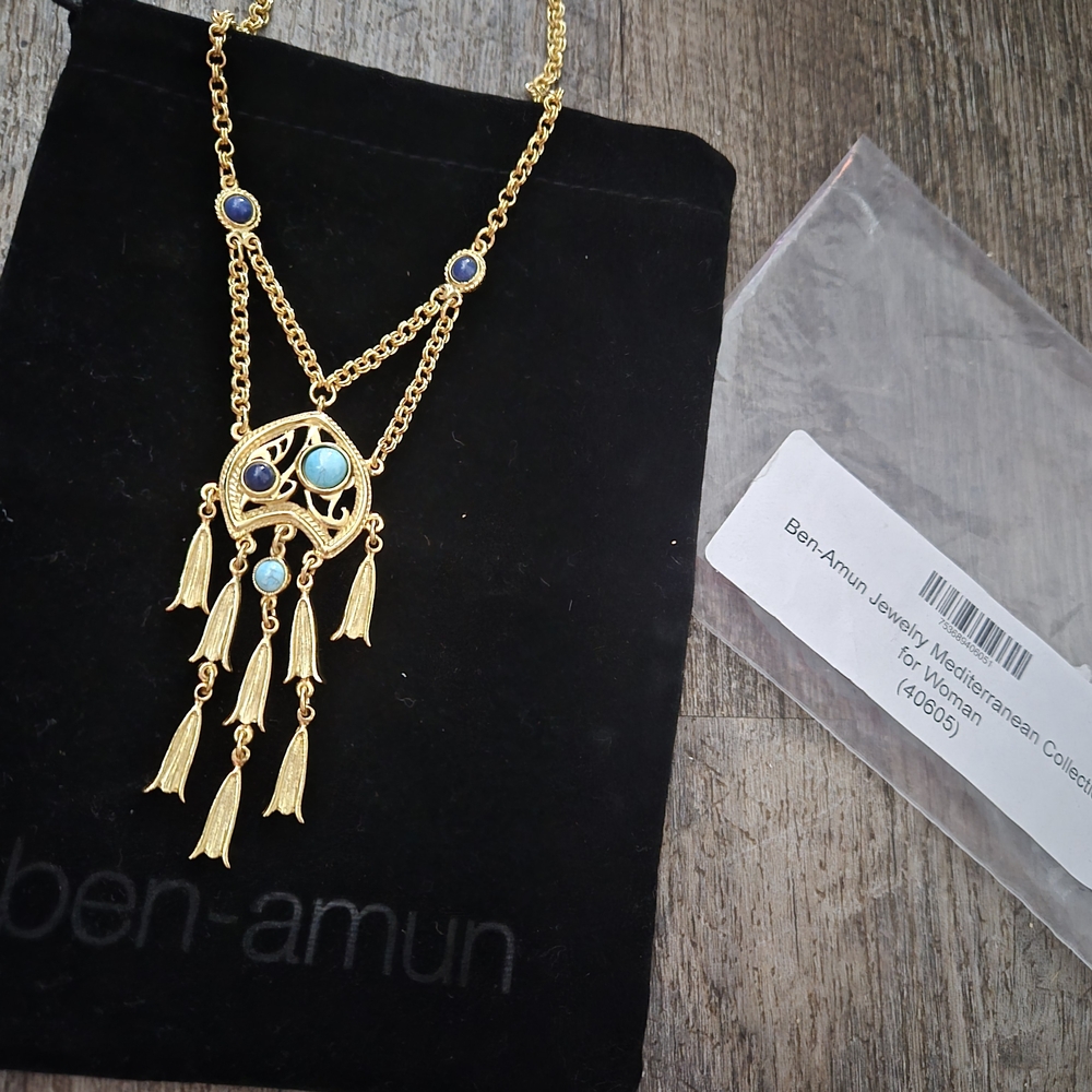 Ben-Amun Vintage Style Mediterranean Gold Necklace with Blue Turquoise Accents